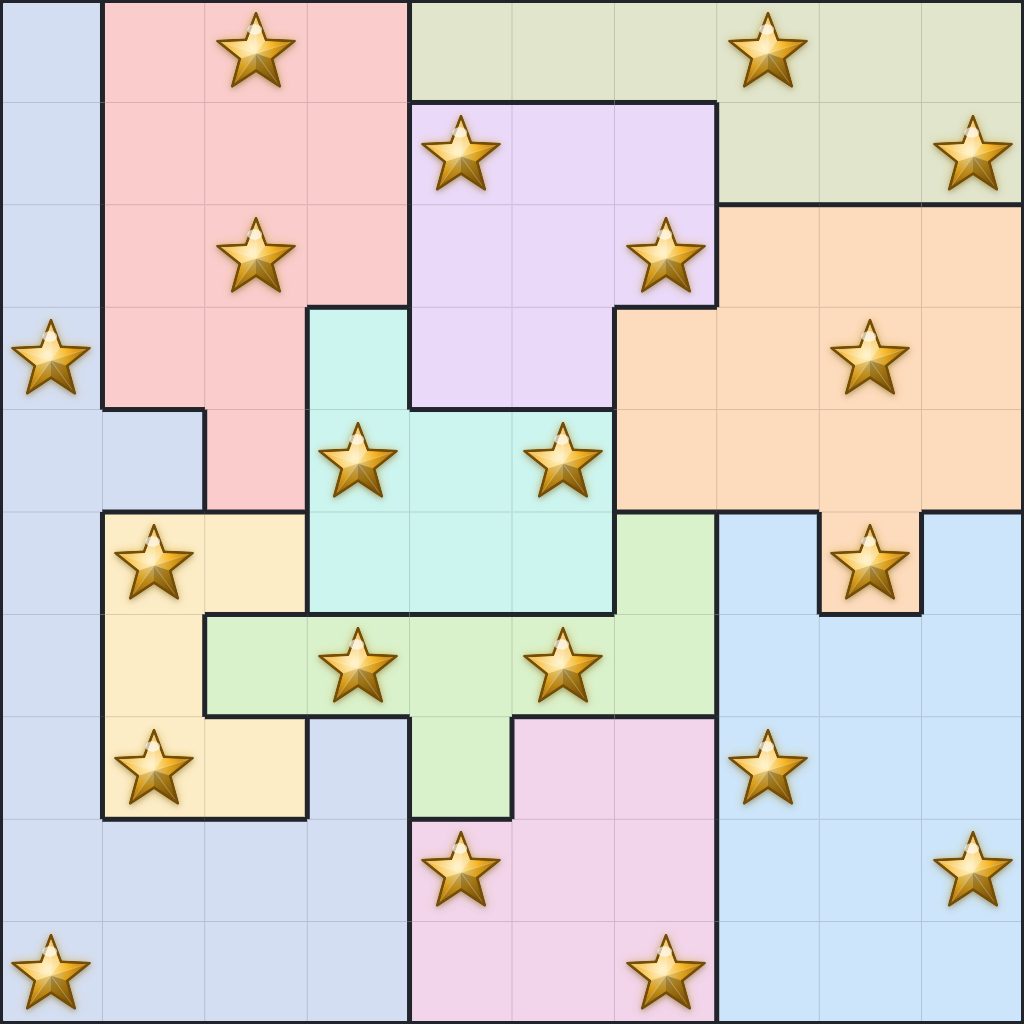 A solved Star Battle Nova board